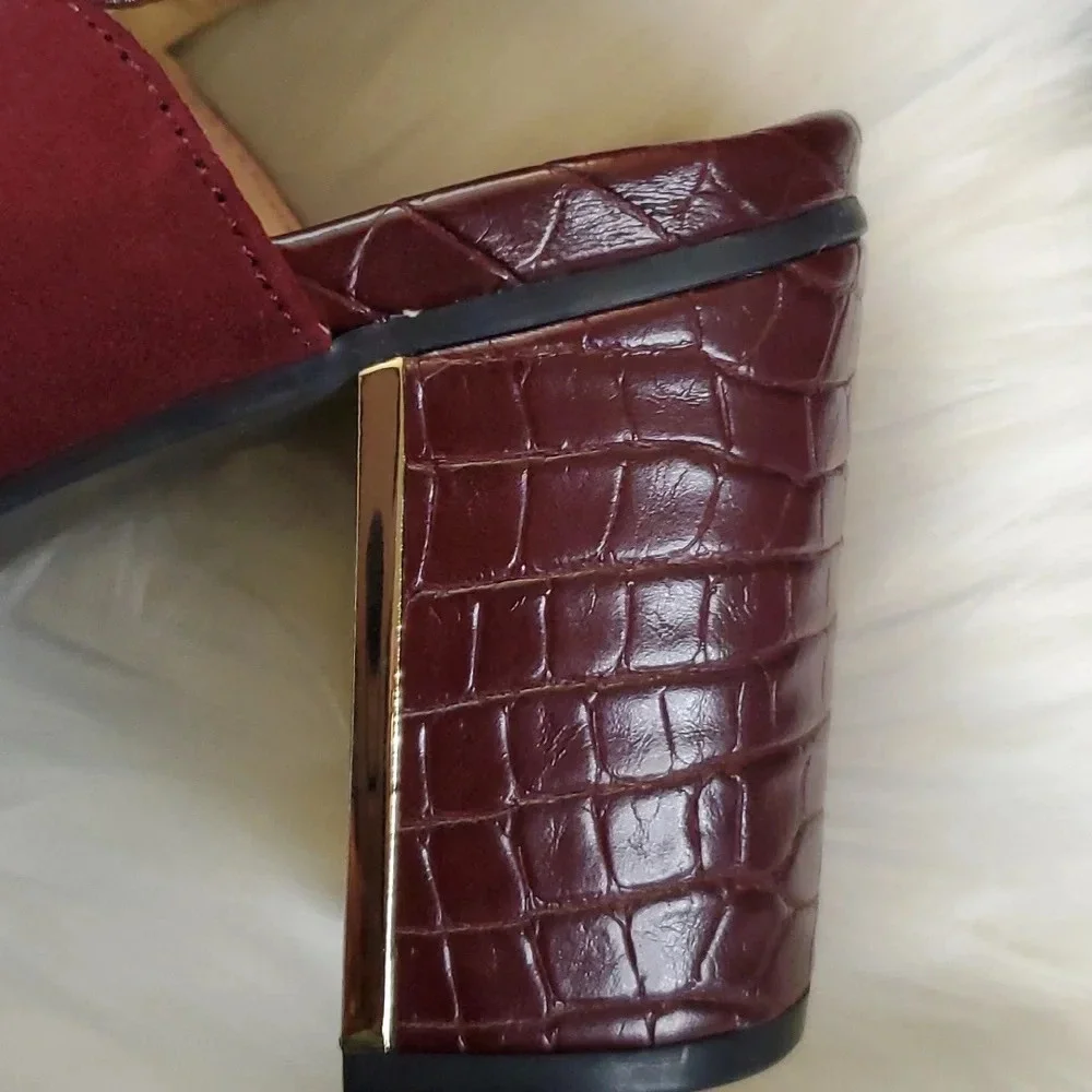 NEW Liz Claiborne Suede Like Burgundy,Gold and Textured Heel, Adjustable Buckle